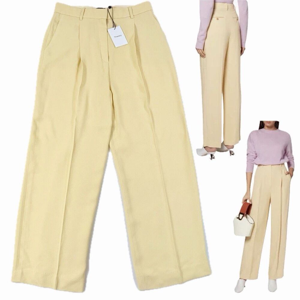 NEW Theory Wide Leg Pleated Trouser Size 12 Cream Minimalist Old Money Luxury